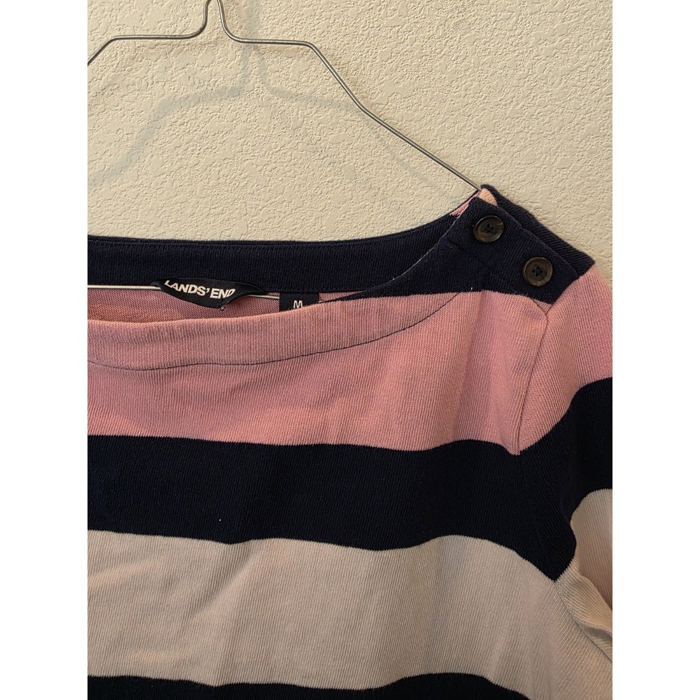 VTG Lands End BoatNeckDress Sz M 10/12 NavyPinkStripe Coastal Luxury 100% Cotton - Picture 5 of 6